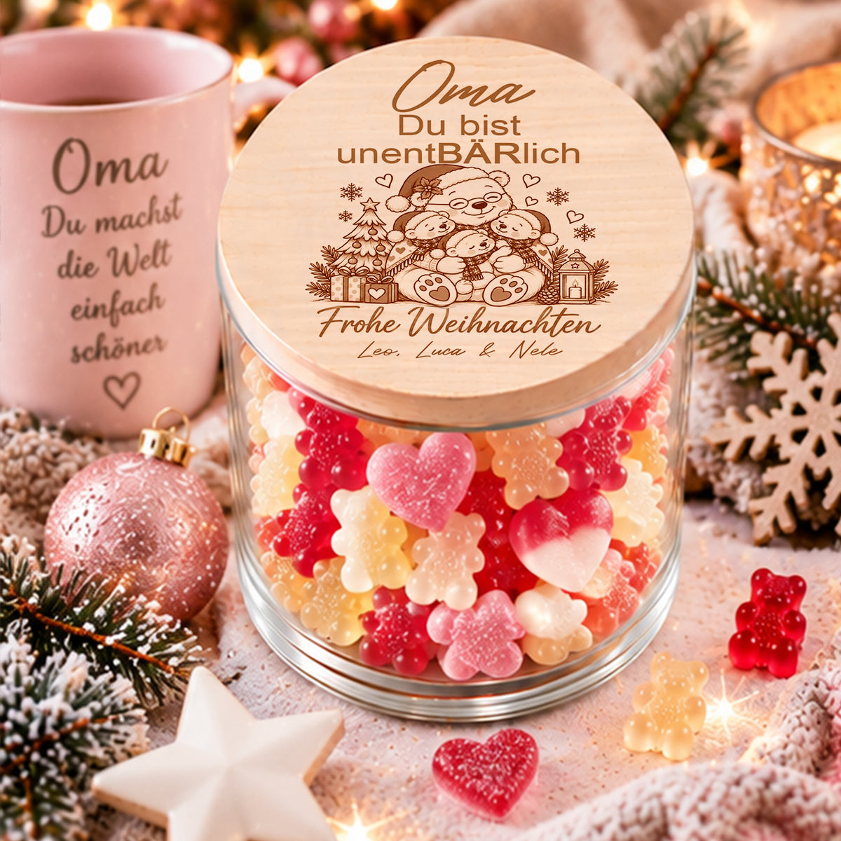 Personalisiertes Weihnachtsgeschenk für Oma von drei Enkelkindern mit Oma-Bär und drei Bärenkindern