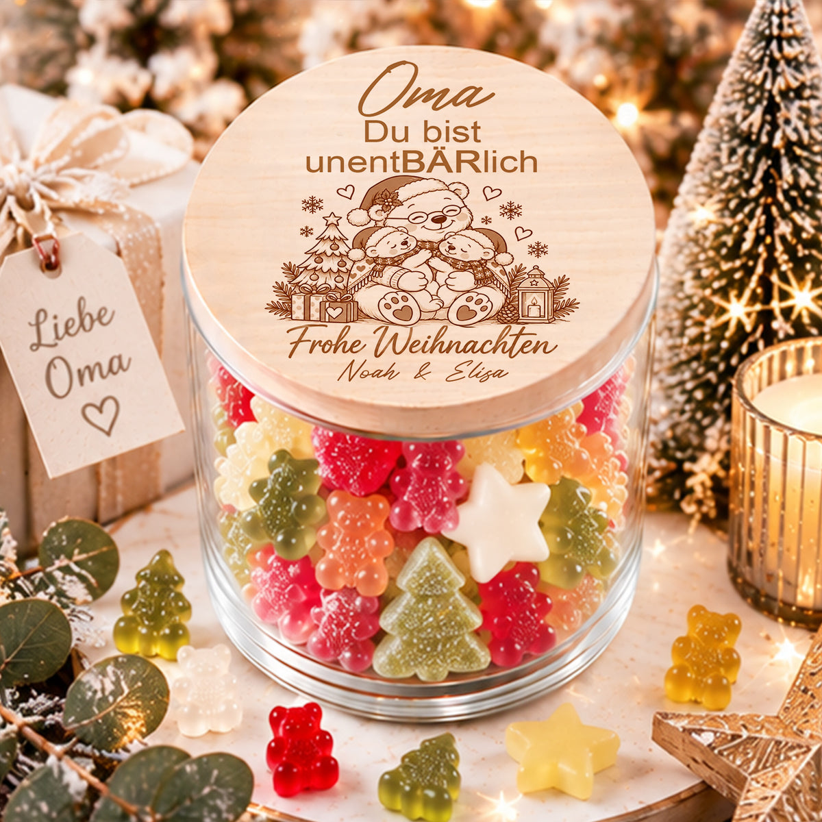 Personalisiertes Weihnachtsgeschenk für Oma von zwei Enkelkindern mit Oma-Bär und zwei Bärenkindern