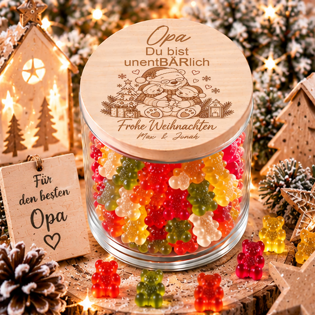 Personalisiertes Weihnachtsgeschenk für Opa von zwei Enkelkindern mit Opa-Bär und zwei Bärenkindern