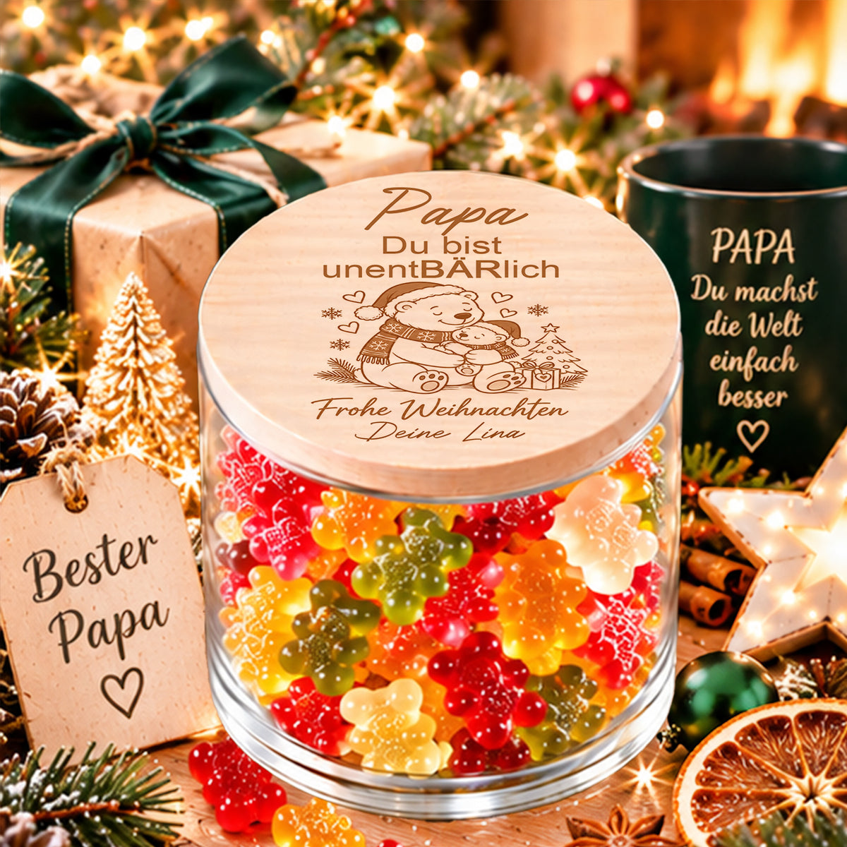 Personalisiertes Weihnachtsgeschenk für Papa von einem Kind mit Papa-Bär und einem Bärenkind