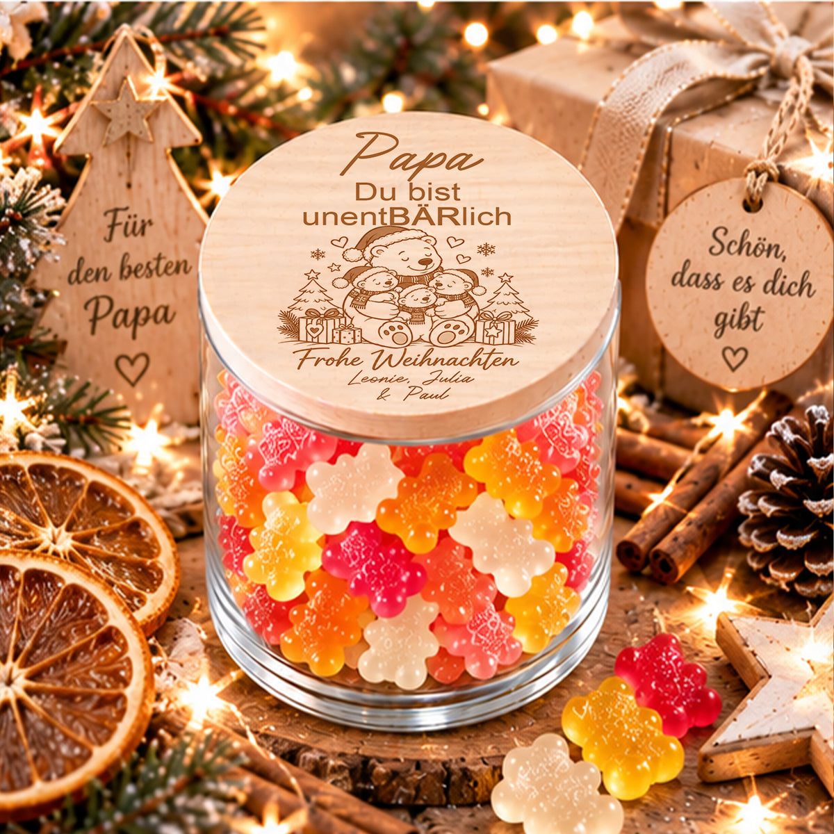Personalisiertes Weihnachtsgeschenk für Papa von drei Kindern mit Papa-Bär und drei Bärenkindern