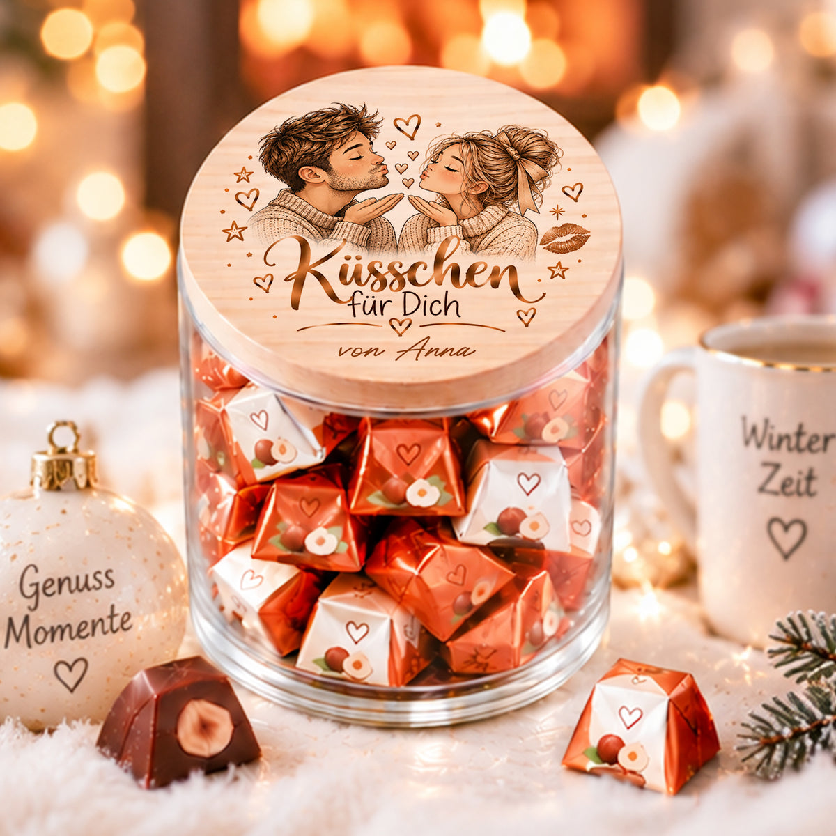 Personalisiertes Weihnachtsgeschenk für Partner oder Partnerin – Küsschen für Dich Vorratsglas mit Namen