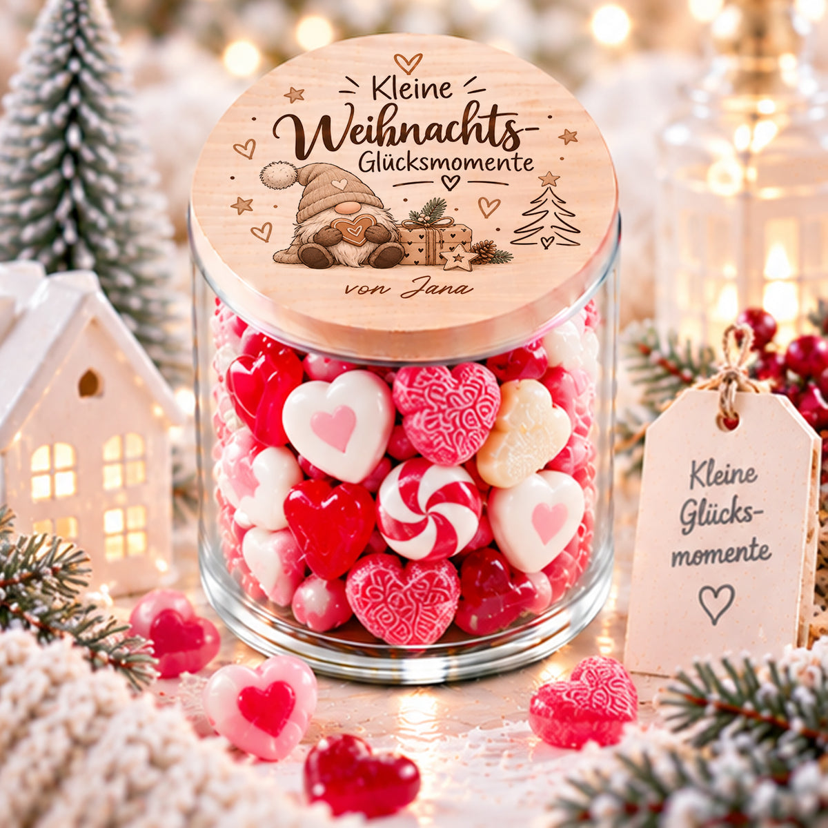 Kleines personalisiertes Weihnachtsgeschenk – Vorratsglas mit Holzdeckel Kleine Weihnachts-Glücksmomente