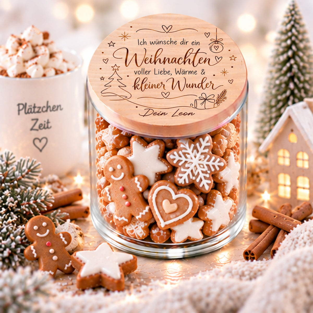 Personalisiertes Weihnachtsgeschenk mit Namen – Vorratsglas mit Holzdeckel und Spruch Liebe Wärme und kleine Wunder