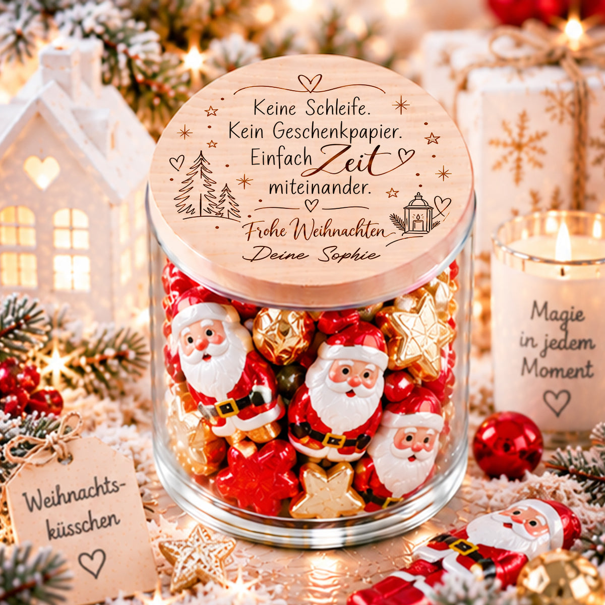 Personalisiertes Weihnachtsgeschenk mit Namen – Vorratsglas mit Holzdeckel und Spruch über gemeinsame Zeit