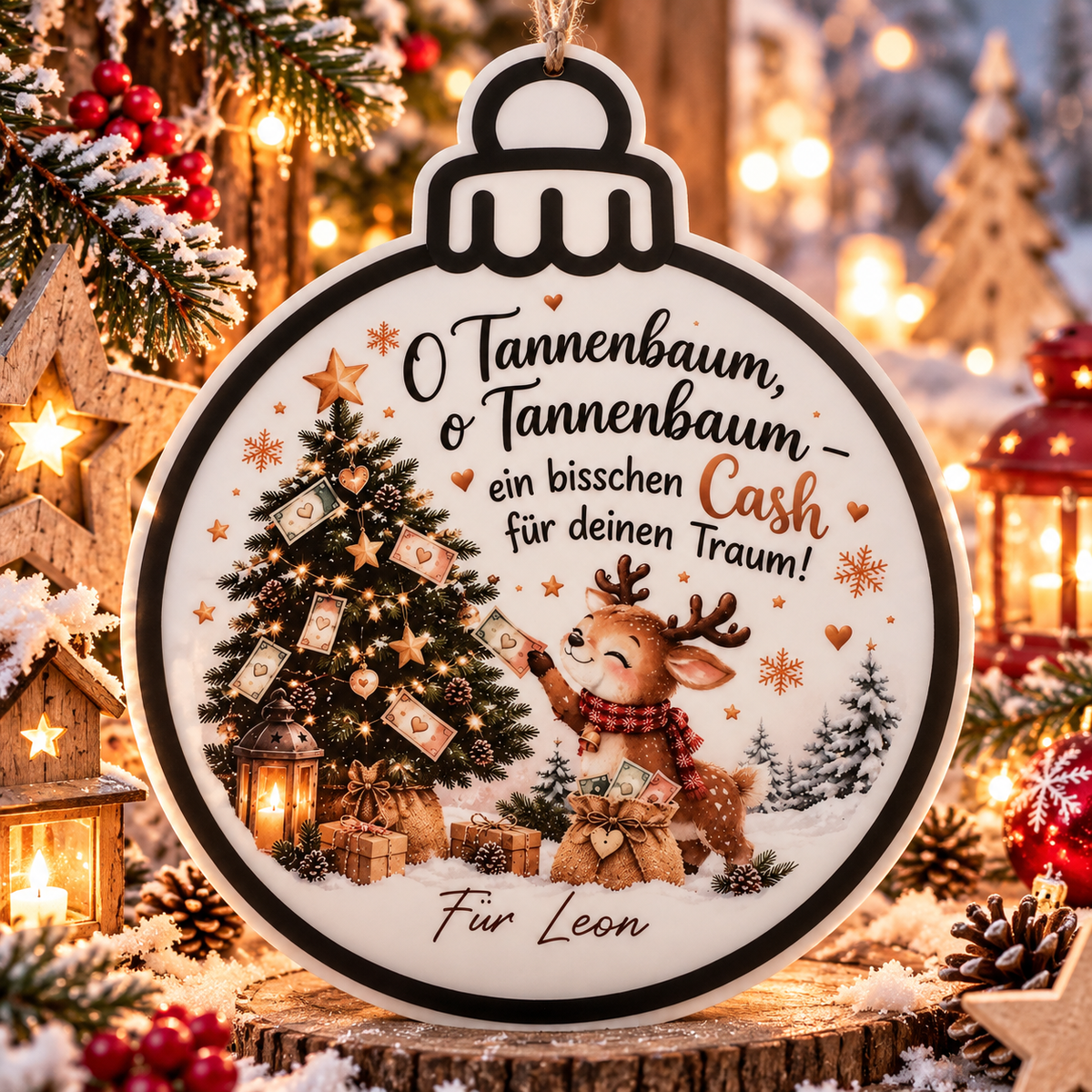 Geldgeschenk-Weihnachtskugel mit Rentier und Spruch O Tannenbaum ein bisschen Cash für deinen Traum