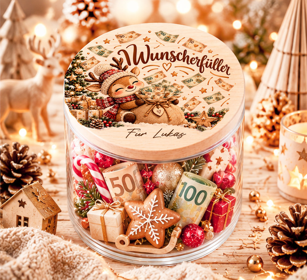 Personalisiertes Wunscherfüller-Geldgeschenk zu Weihnachten im Glas mit Rentier und Geldsack