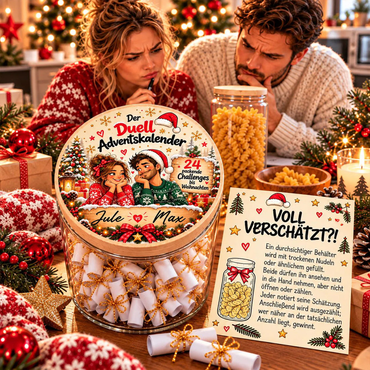 Personalisierter Duell-Adventskalender mit 24 Challenges im Glas