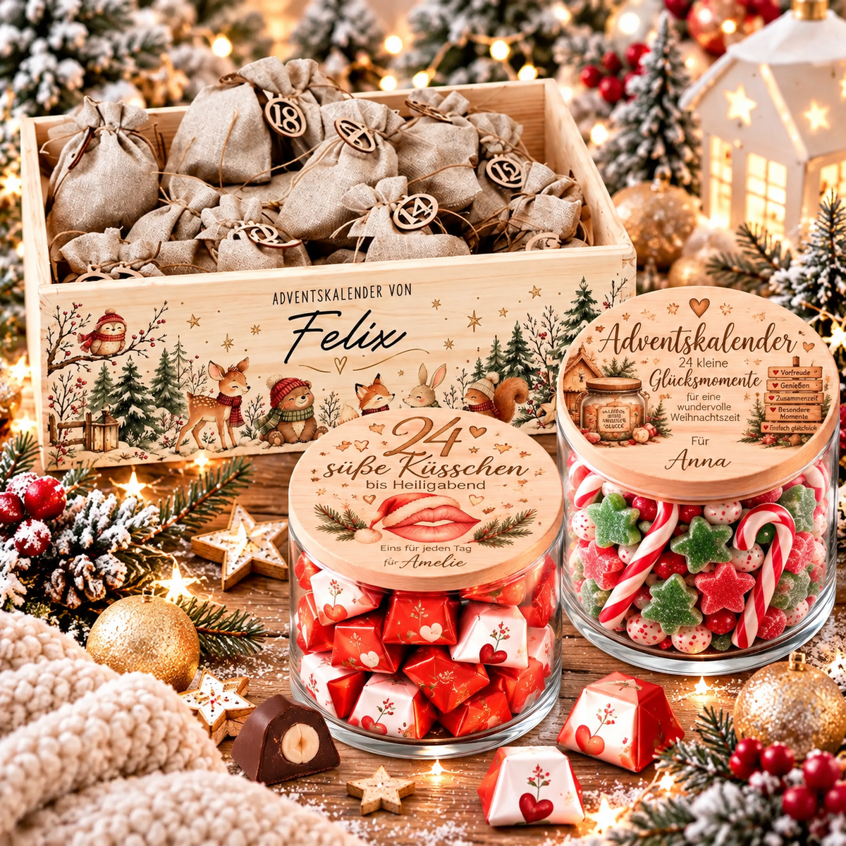 Personalisierte Adventskalender zum Befüllen mit Adventskiste aus Holz, 24 Jutesäckchen und Adventskalendern im Glas mit Weihnachtsmotiven