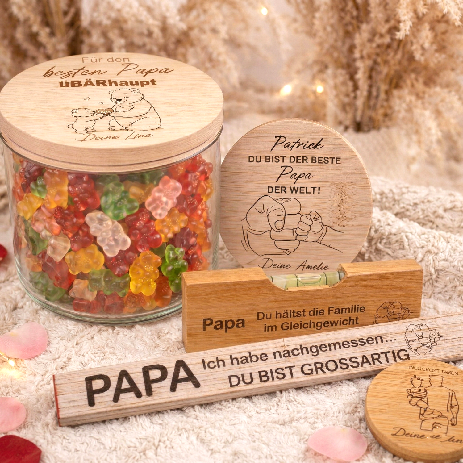 Personalisierte Geschenkideen für Papa mit Vorratsgläsern, Holzkisten und gravierten Werkzeugen zum Vatertag