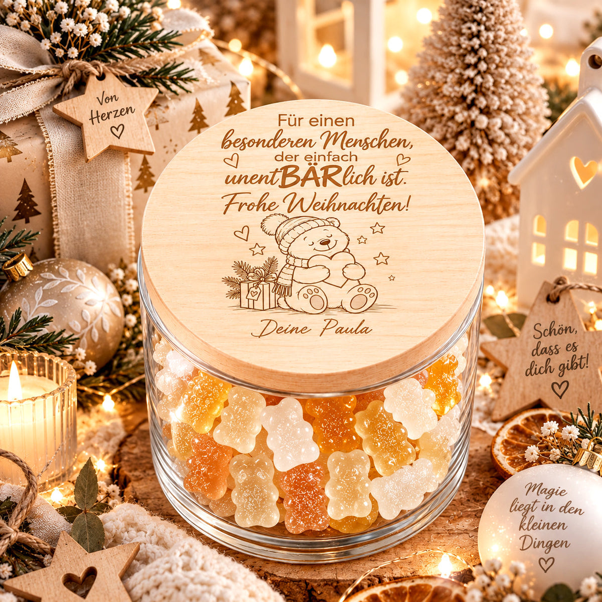 orratsgläser Weihnachten mit Holzdeckel, Wunschname & liebevollen Bärenmotiven zum Befüllen