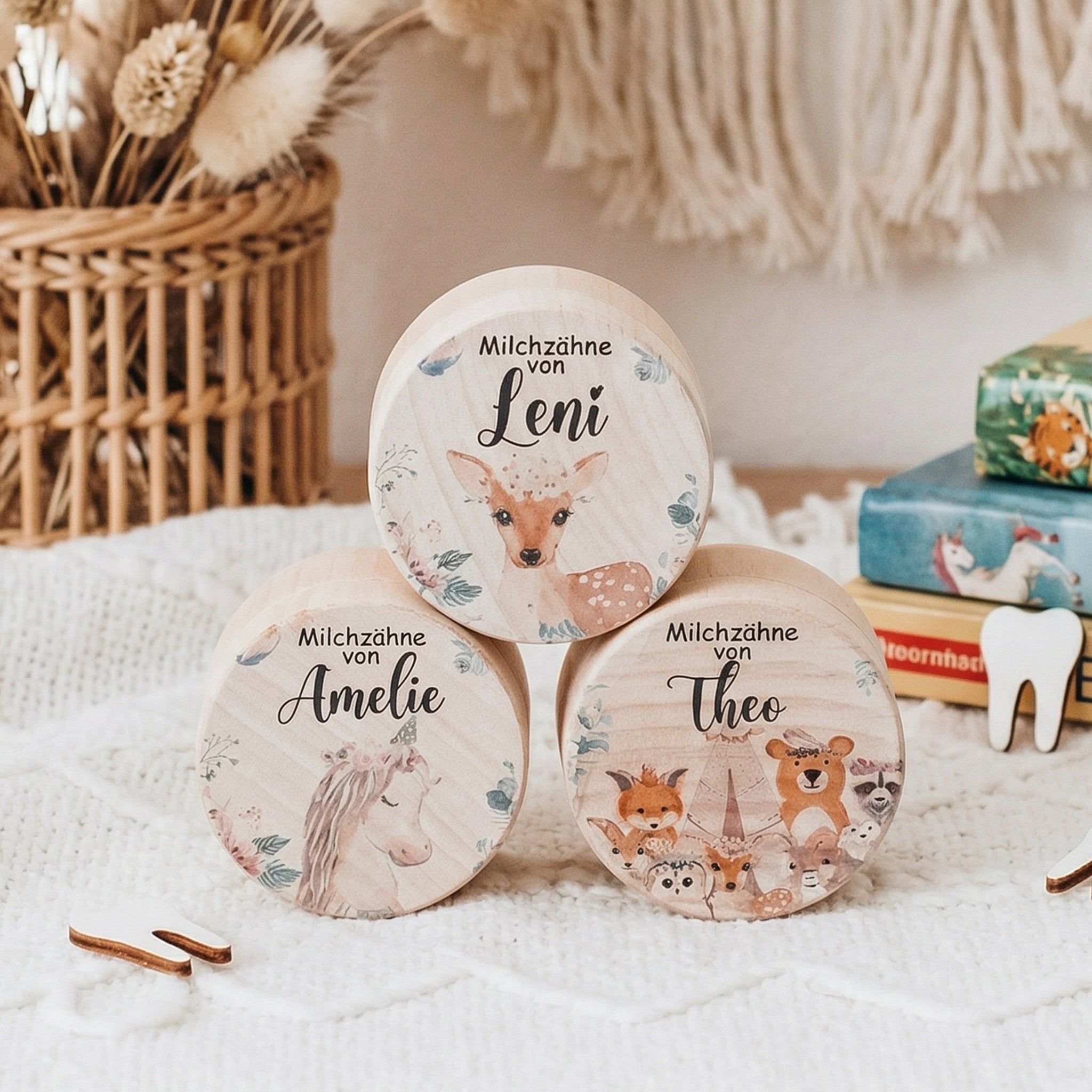 Personalisierte Milchzahndose aus Holz mit Namen für Kinder