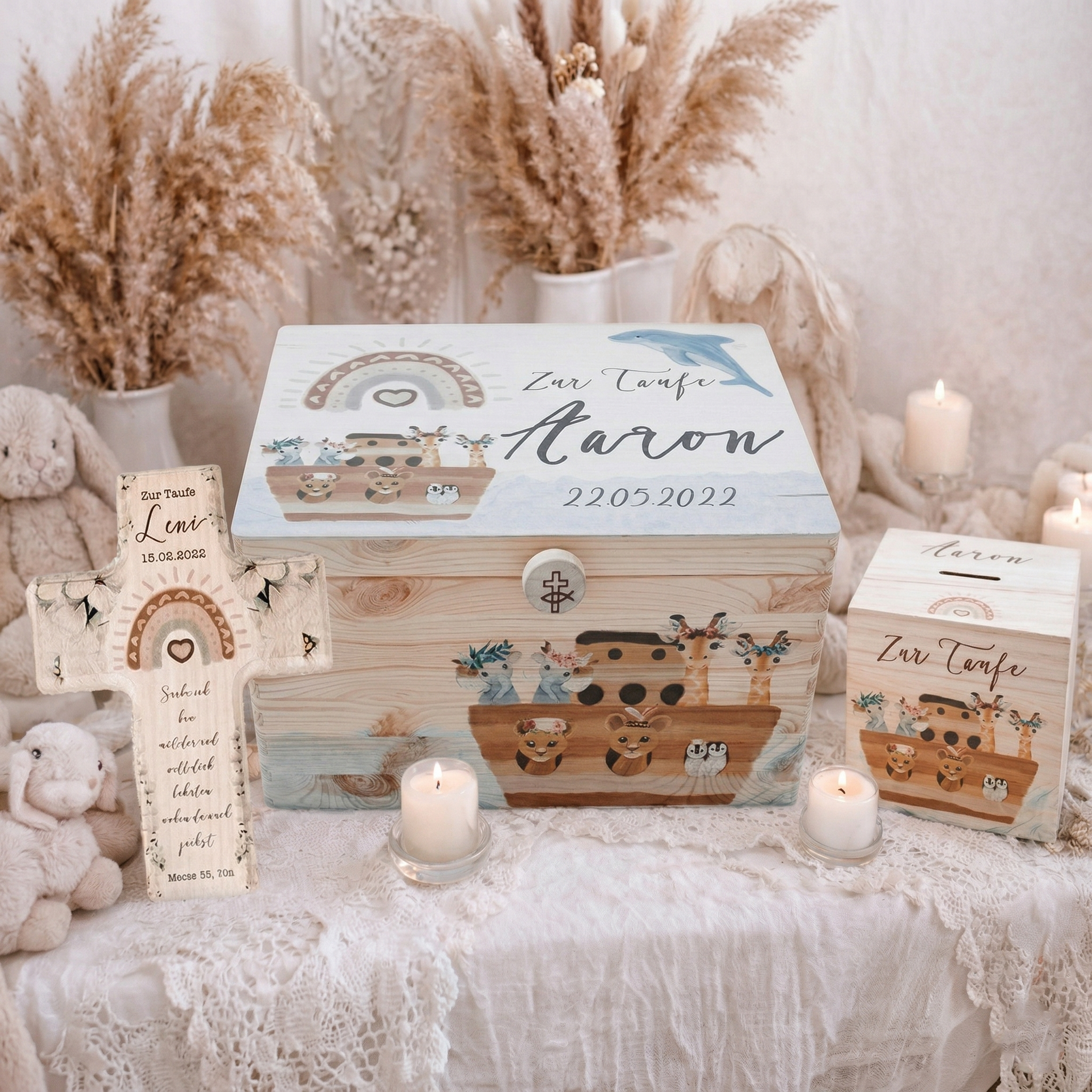 Personalisierte Taufgeschenke mit Name und Datum aus Holz zur Taufe