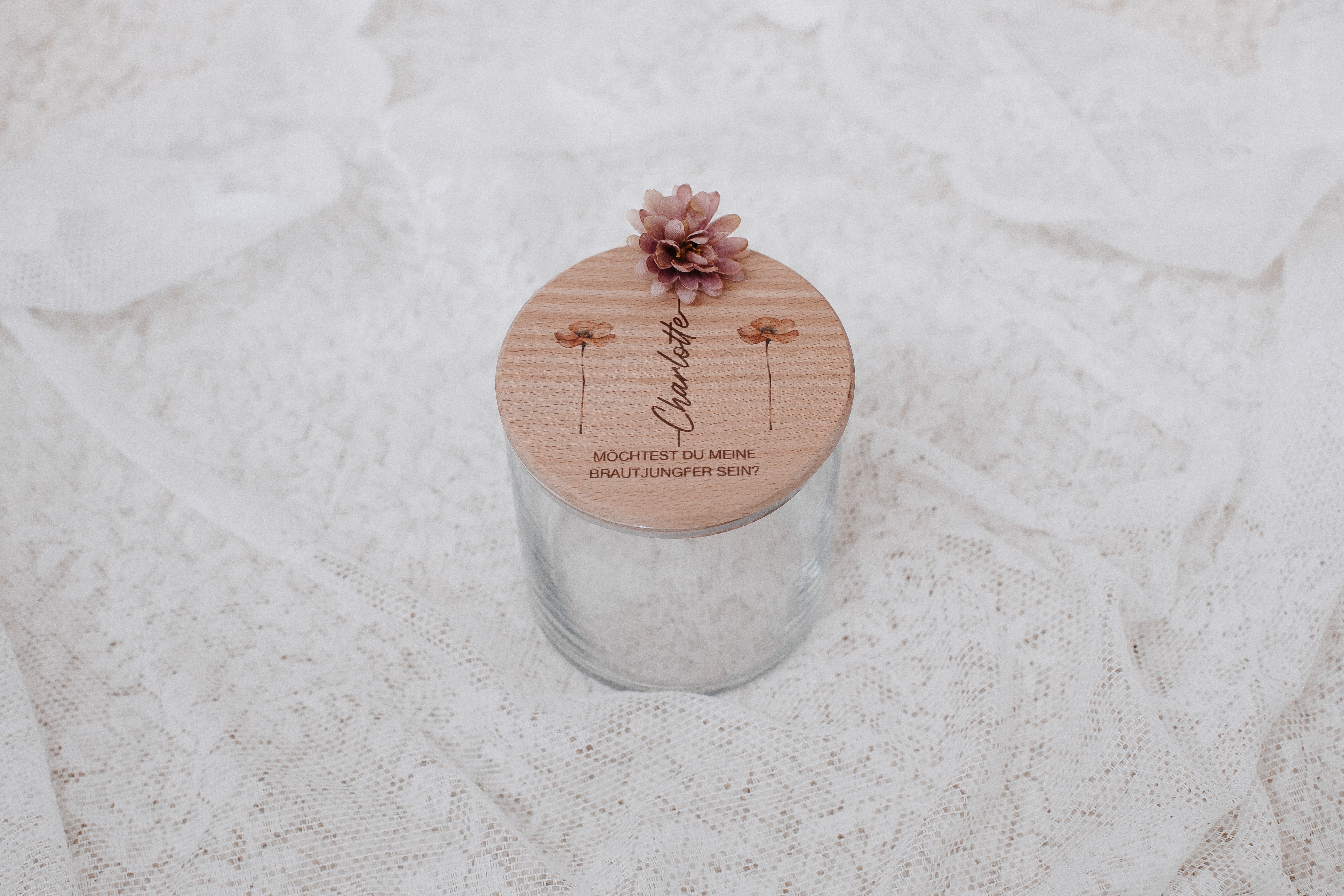 Geschenk Glas Hochzeit – Vorratsglas mit Gravur „Möchtest du meine Trauzeugin sein?“