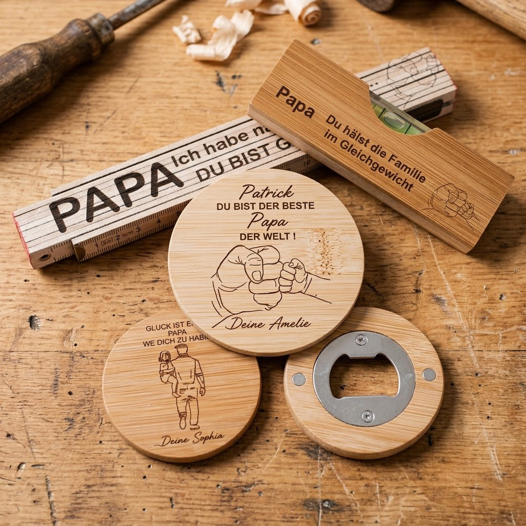 Personalisierte Werkzeuge für Papa – Zollstock und Wasserwaage mit Gravur