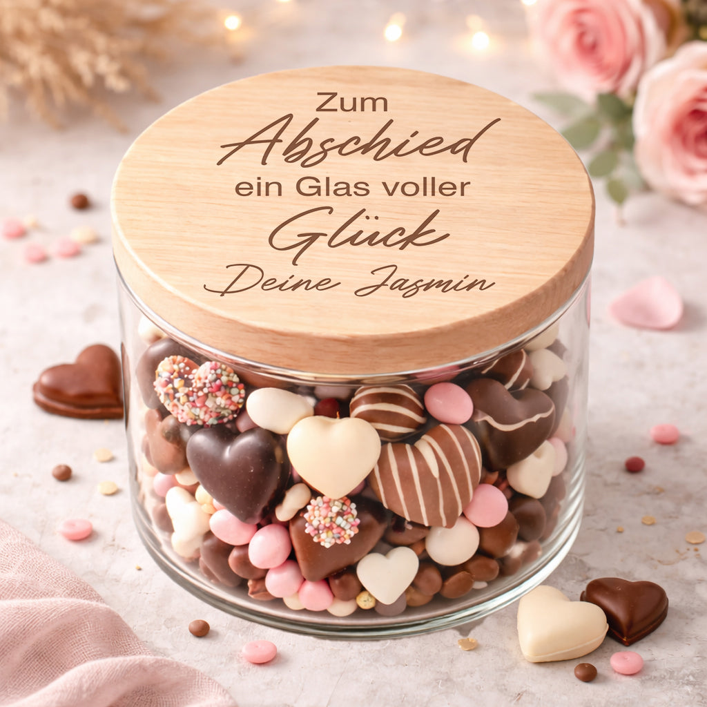 Abschiedsgeschenk Kollegen Glas voller Glück personalisiert