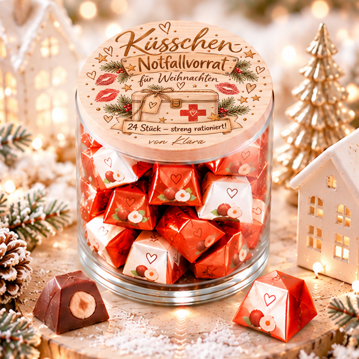 Lustiger personalisierter Adventskalender Küsschen-Notfallvorrat für Weihnachten im Glas