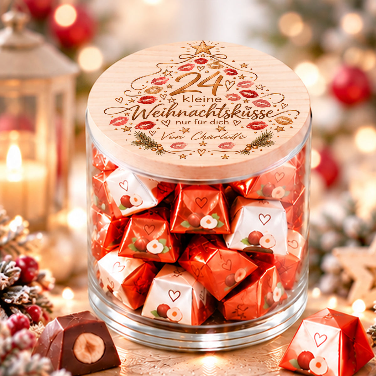 Personalisierter Adventskalender mit 24 kleinen Weihnachtsküssen und Widmung