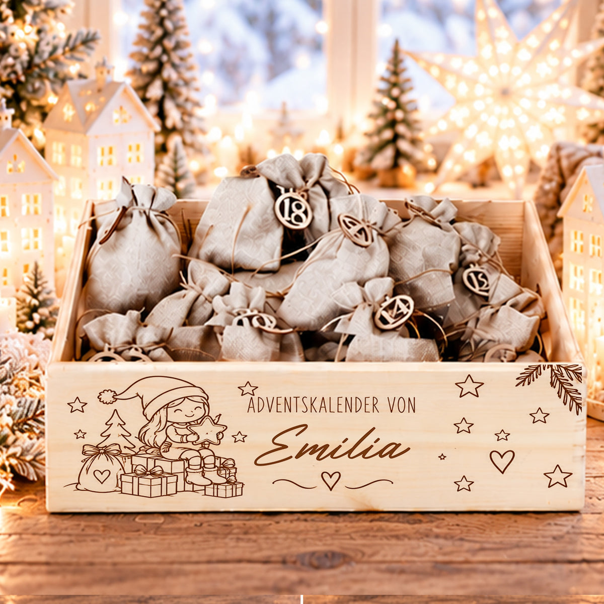 Personalisierter Adventskalender für Mädchen aus Holz mit Namen, Weihnachtsmädchen mit Stern und Geschenken sowie Jutesäckchen zum Befüllen