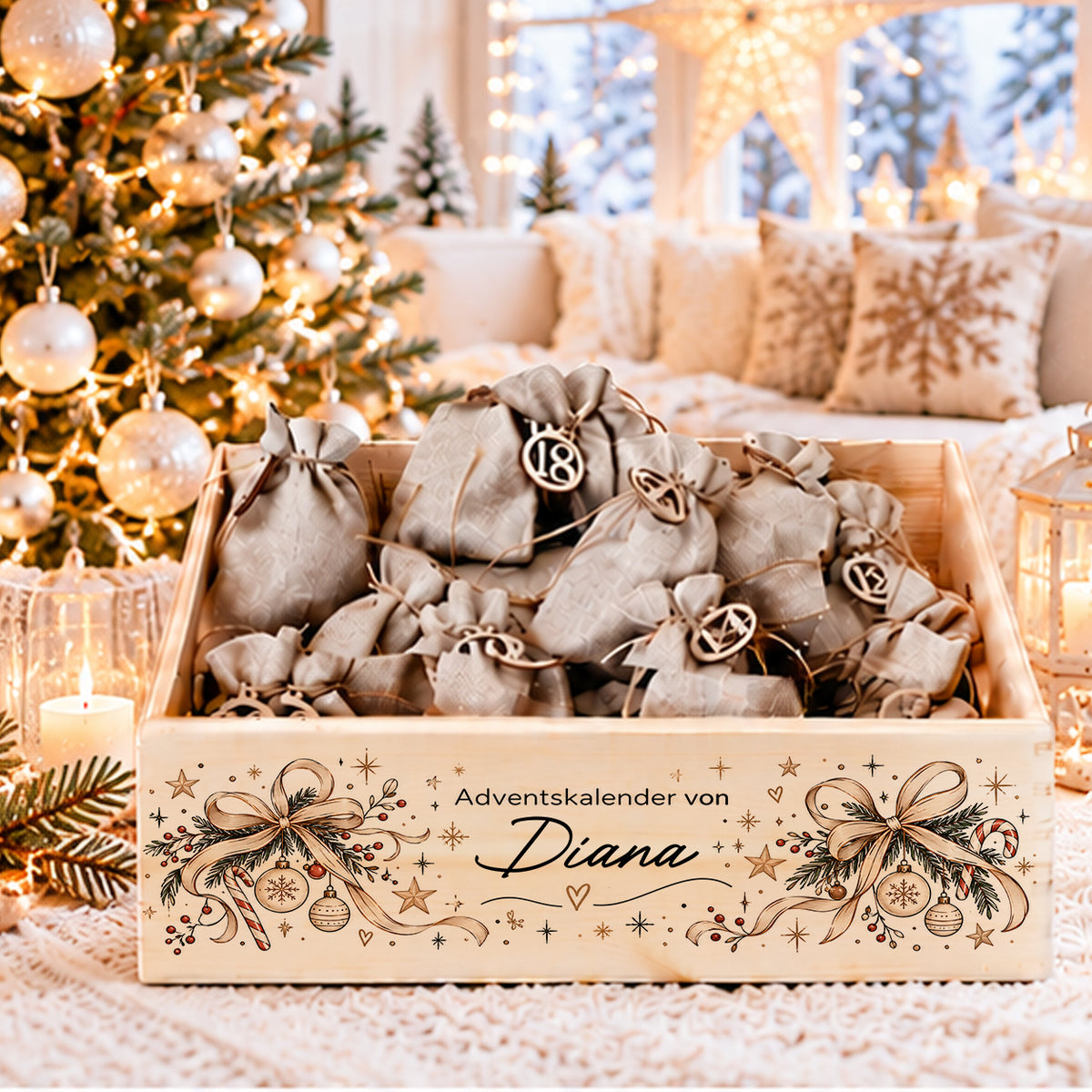 Personalisierter Adventskalender aus Naturholz mit Namen, eleganten Boho-Weihnachtsschleifen und 24 Jutesäckchen mit Holzzahlen