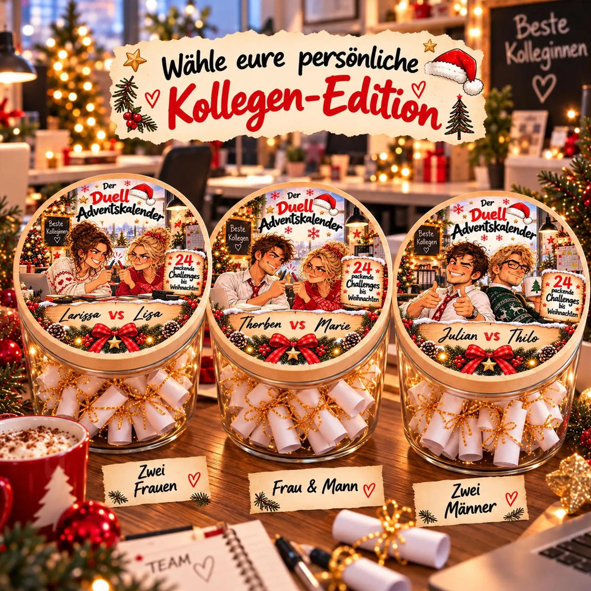 Personalisierter Adventskalender für Kollegen mit 24 Challenges im Glas und zwei Wunschnamen