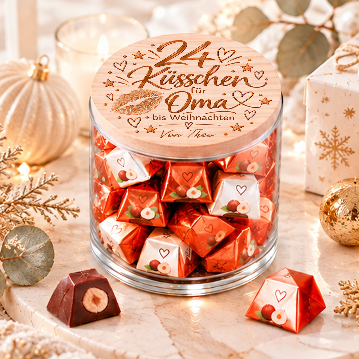 Personalisierter Adventskalender für Oma mit 24 Küsschen bis Weihnachten und Namenswidmung