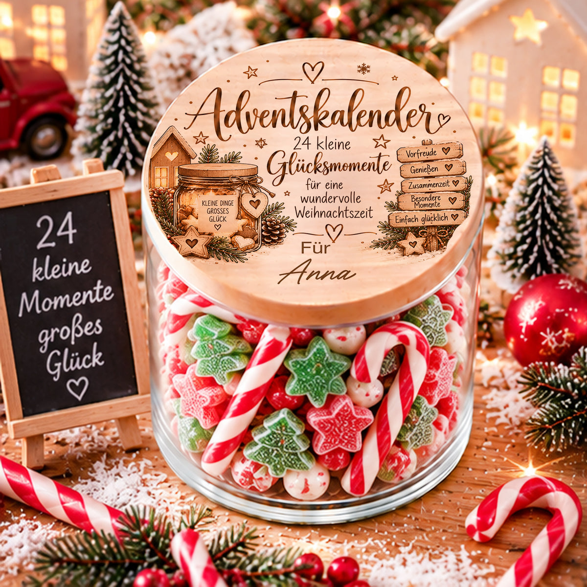 Personalisierter Adventskalender im Glas mit Name – 24 kleine Glücksmomente