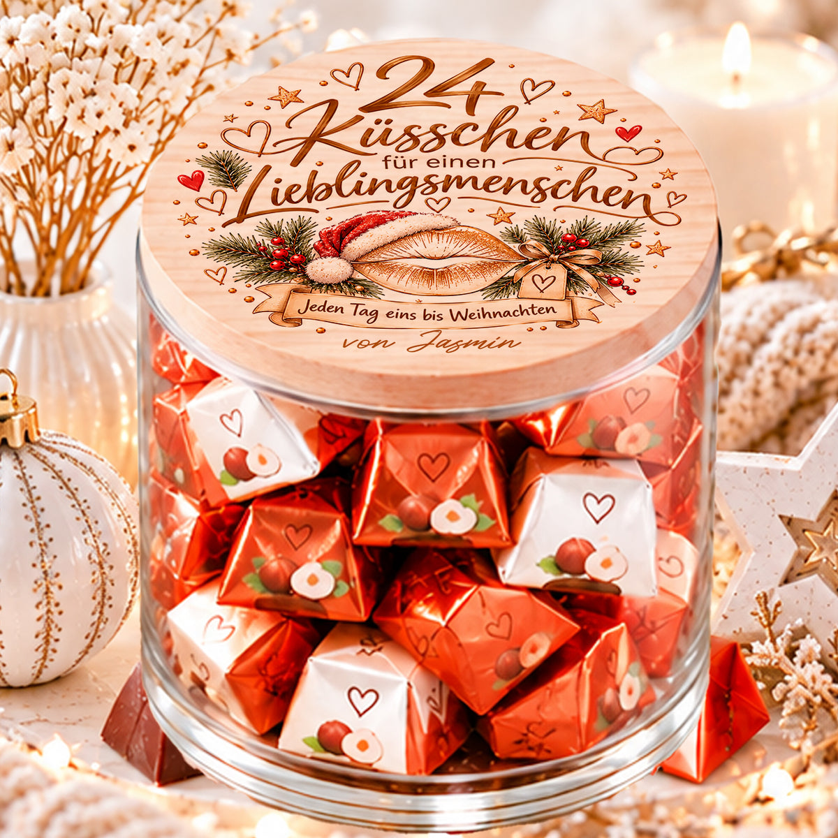 Personalisierter Adventskalender für einen Lieblingsmenschen mit 24 Küsschen im Glas