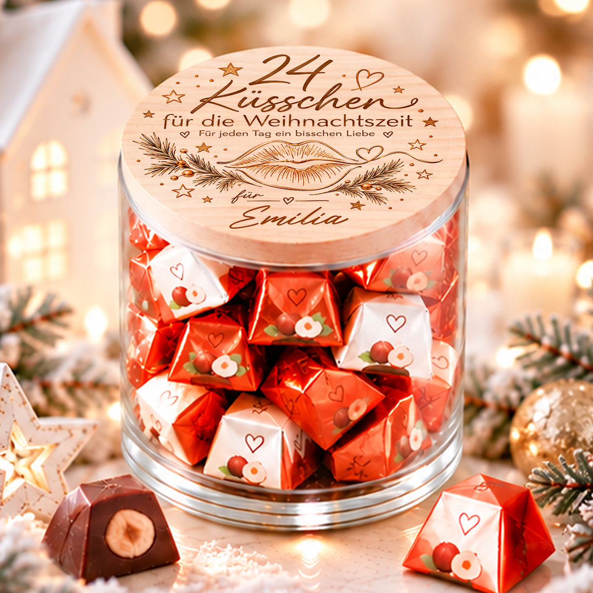 Personalisierter Adventskalender im Glas mit 24 Küsschen für die Weihnachtszeit und Wunschname