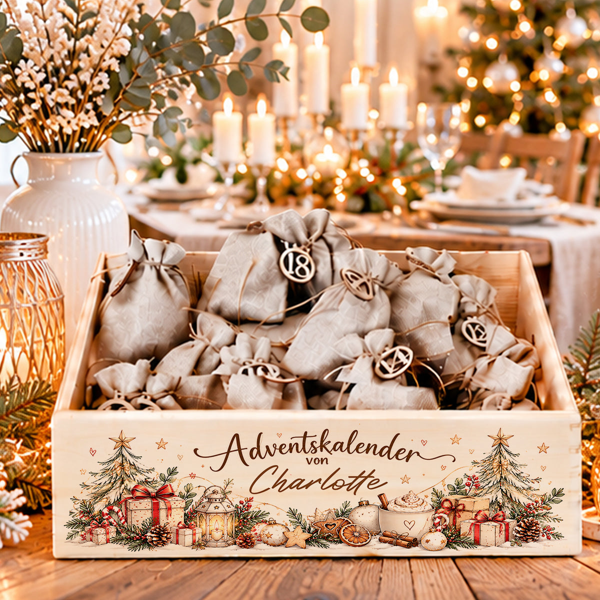 Personalisierter Adventskalender aus Holz mit Namen Charlotte, klassischem Weihnachtsmotiv und 24 Jutesäckchen mit Holzzahlen zum Selbstbefüllen