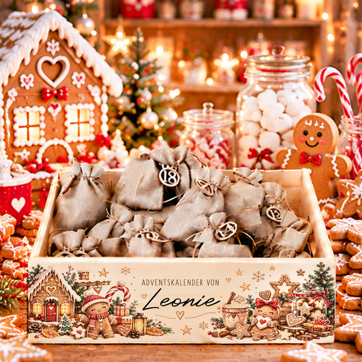Personalisierte Adventskiste aus Naturholz mit Namen, Lebkuchenmännchen, Lebkuchenhaus und 24 Jutesäckchen als Adventskalender zum Befüllen