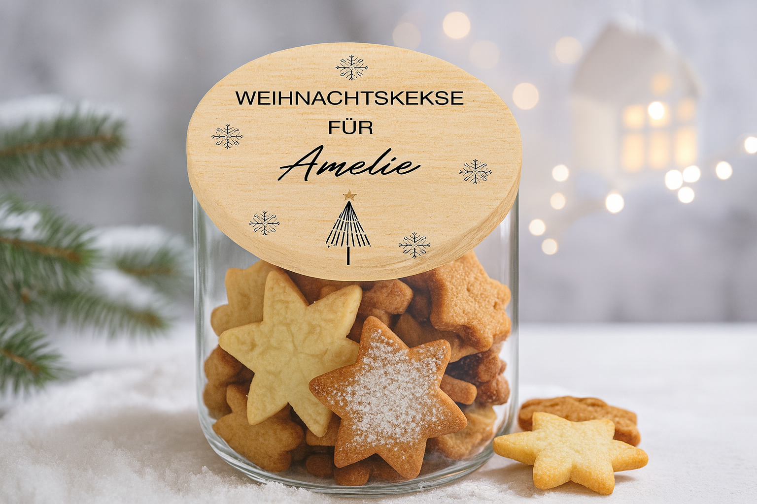 Glasdose für Weihnachtskekse mit individuell bedrucktem Holzdeckel