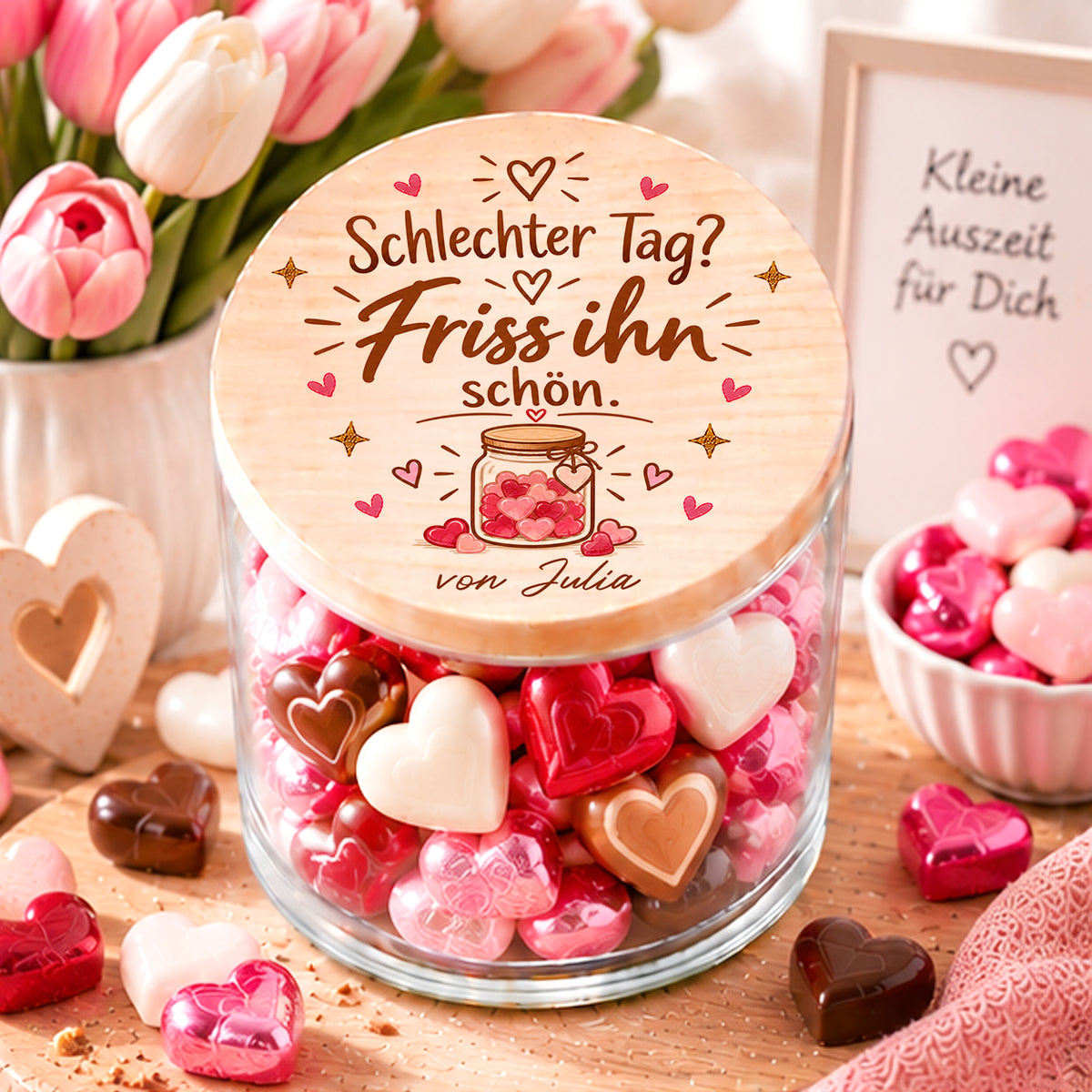 Personalisiertes Aufmunterungsgeschenk als Vorratsglas mit Holzdeckel, Spruch Schlechter Tag Friss ihn schön 