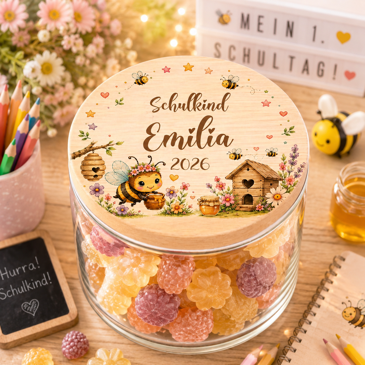 Personalisiertes Vorratsglas zur Einschulung mit süßer Honigbiene, Bienenhaus und Wunschname auf hochwertigem Holzdeckel. Bienen Geschenk zum Schulanfang für Mädchen und Jungen.