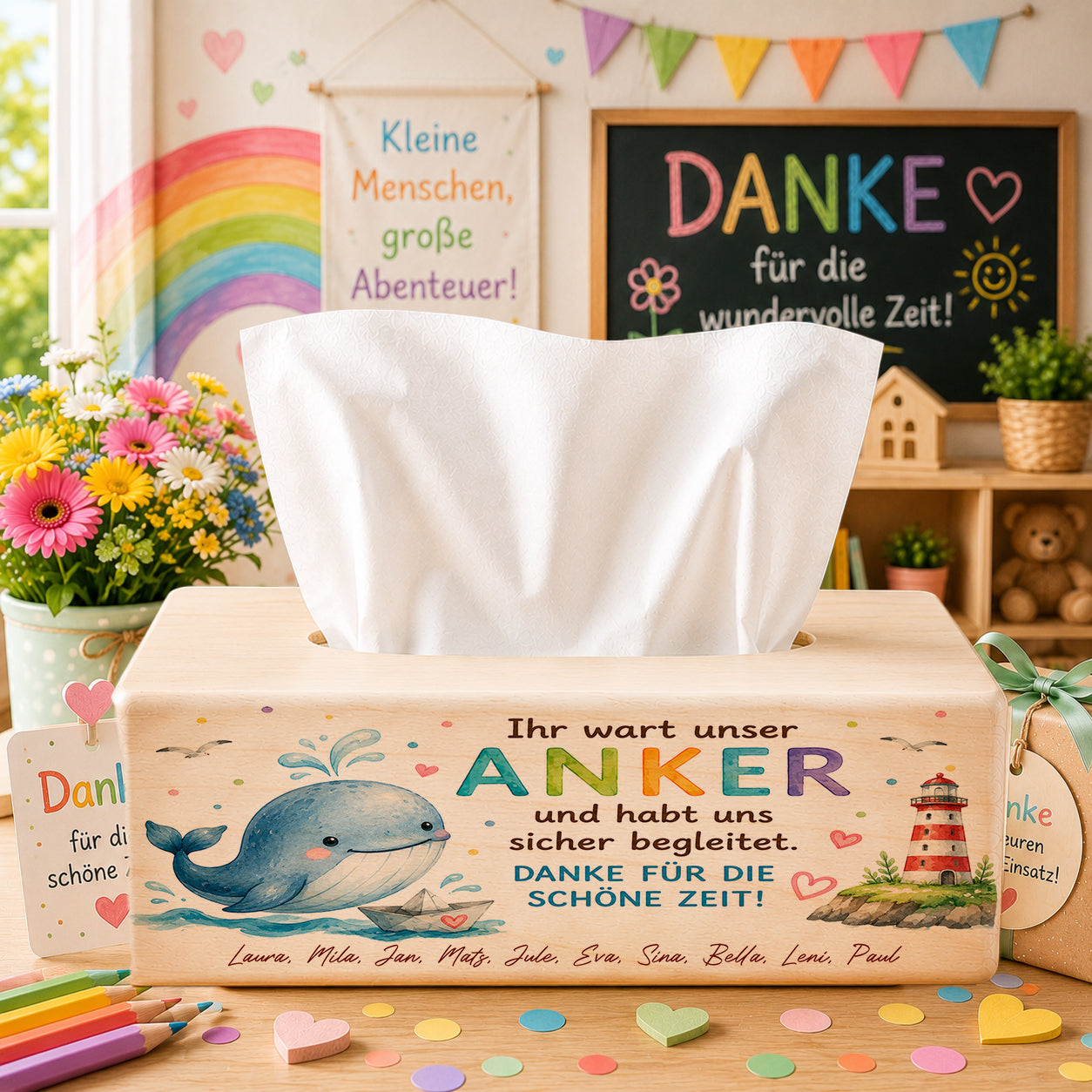 Personalisierte Taschentuchbox aus Holz mit Wal, Leuchtturm und Spruch „Ihr wart unser Anker“ als emotionales Kita Abschiedsgeschenk für Erzieherinnen mit Kindernamen und hochwertigem Direktdruck.