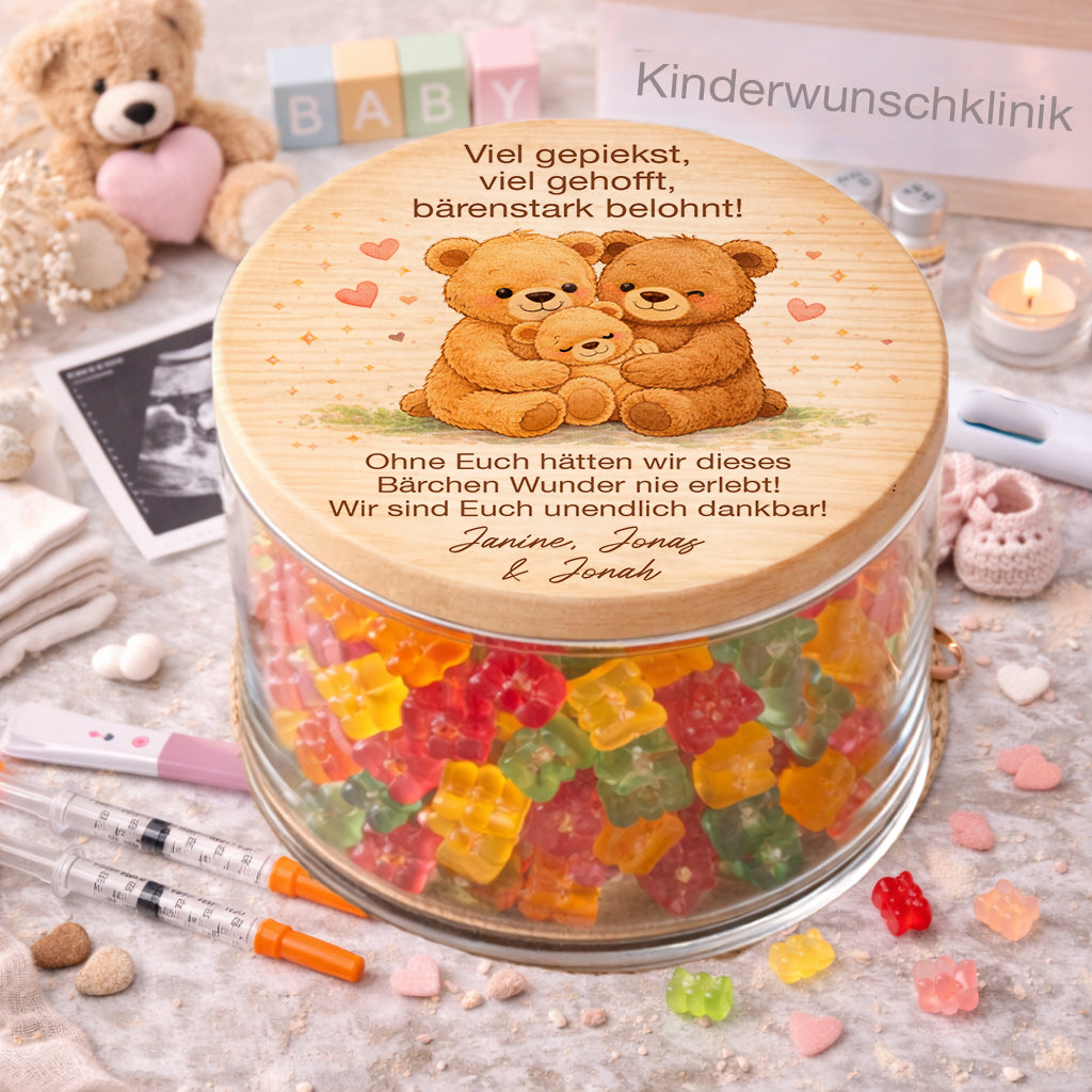 Danke Geschenk Kinderwunschklinik Vorratsglas mit Bärchen Motiv personalisiert mit Namen als emotionales Dankeschön nach Kinderwunsch IVF Behandlung