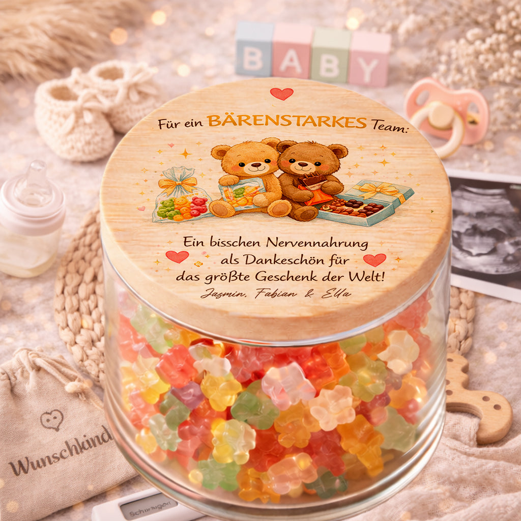 Personalisiertes Geschenk Kinderwunschklinik Glas mit Bärchen und Nervennahrung Dankeschön IVF