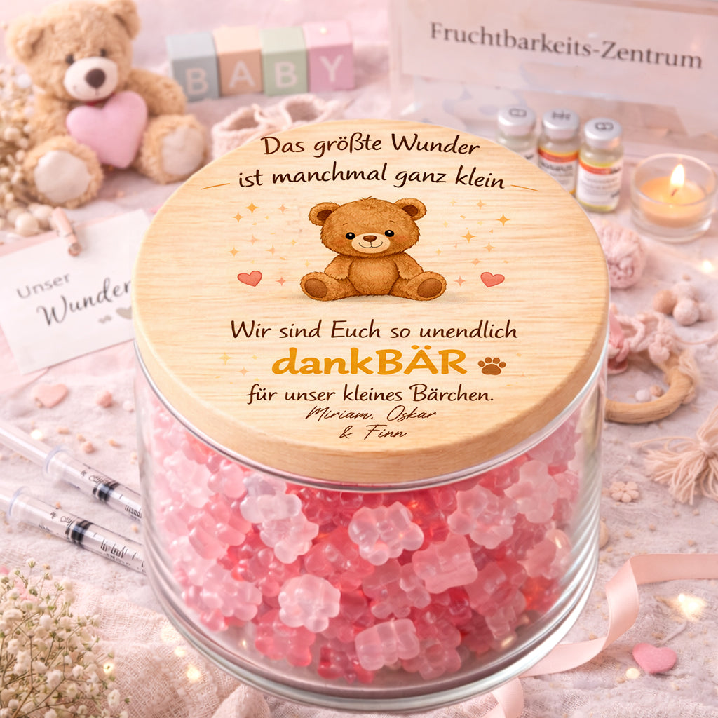 Danke Geschenk Kinderwunschklinik Vorratsglas personalisiert größtes Wunder kleines Bärchen Dankeschön IVF
