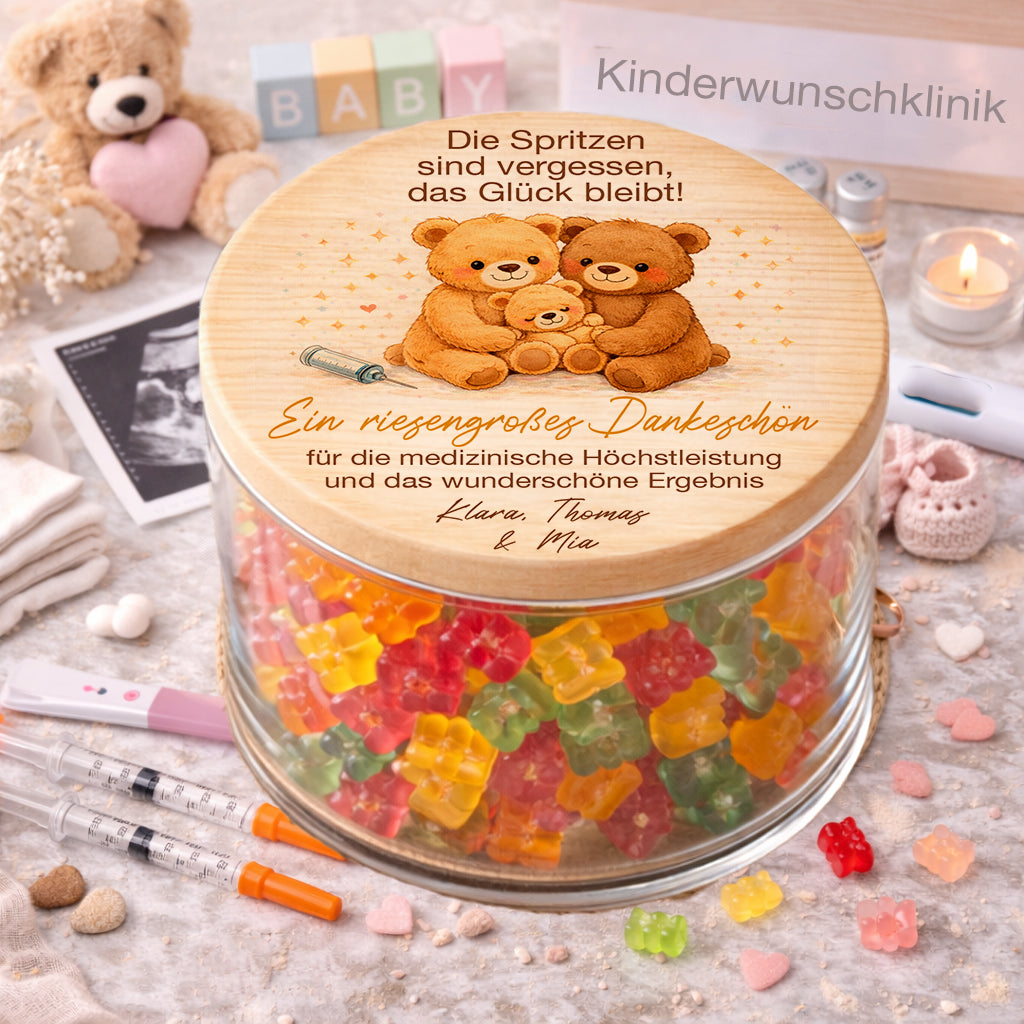 Danke Geschenk Kinderwunschklinik Vorratsglas personalisiert mit Spritzen sind vergessen das Glück bleibt Bärchen Motiv