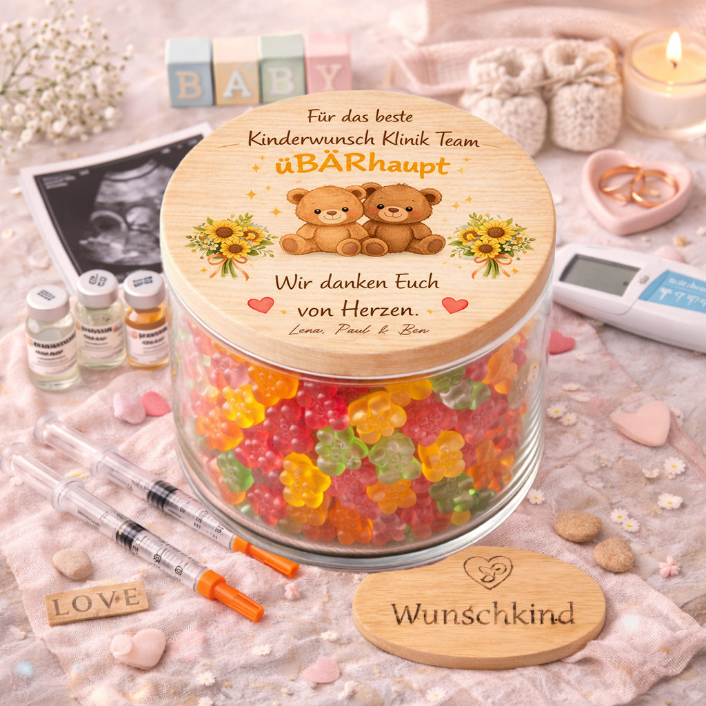 Danke Geschenk Kinderwunschklinik Vorratsglas mit Bärchen Motiv personalisiert als Dankeschön für das Klinik Team nach Kinderwunsch Behandlung
