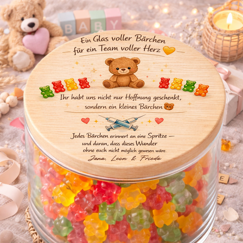 Personalisiertes Danke Geschenk Kinderwunschklinik Glas voller Bärchen