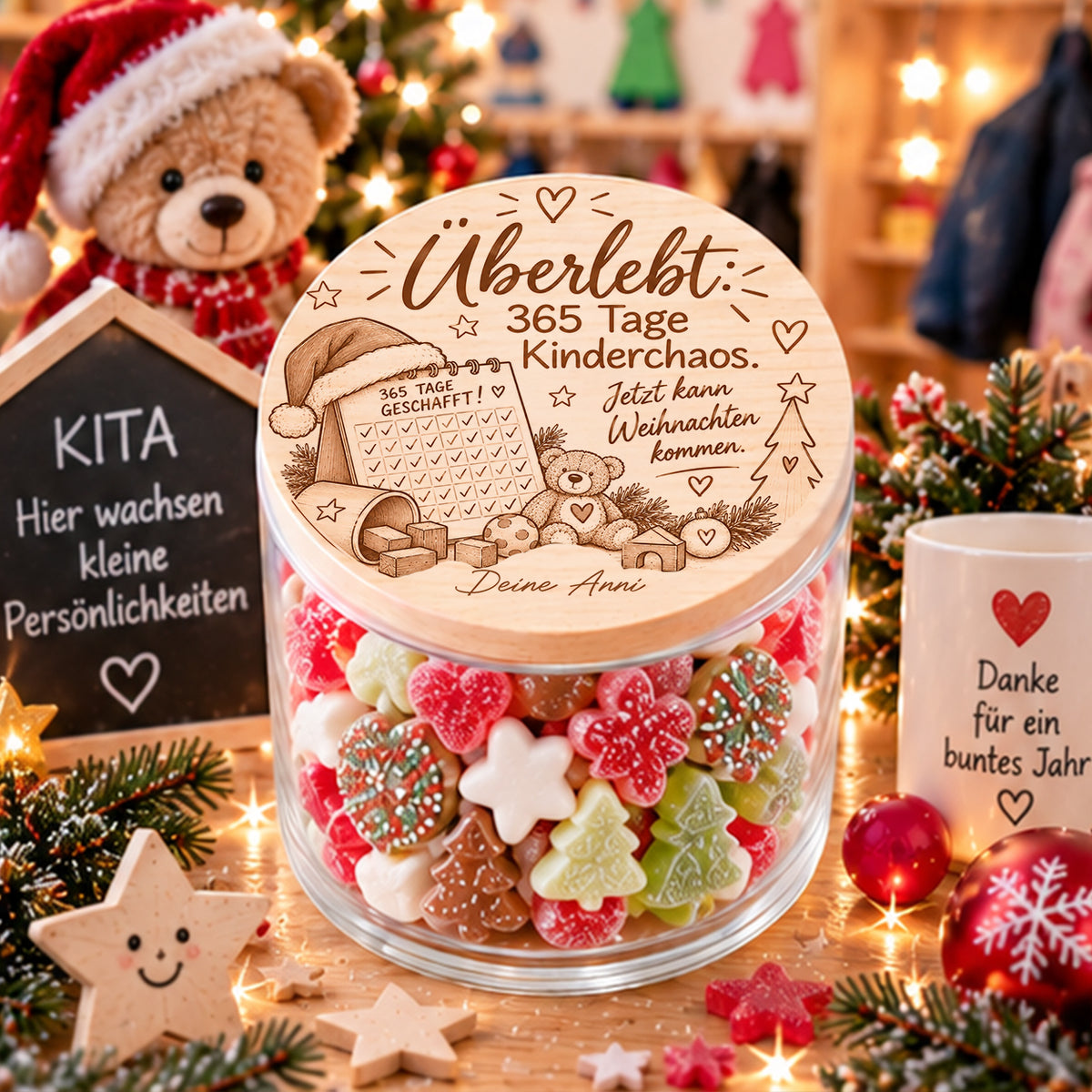 Lustiges Weihnachtsgeschenk für Erzieherin mit Spruch 365 Tage Kinderchaos und Namen