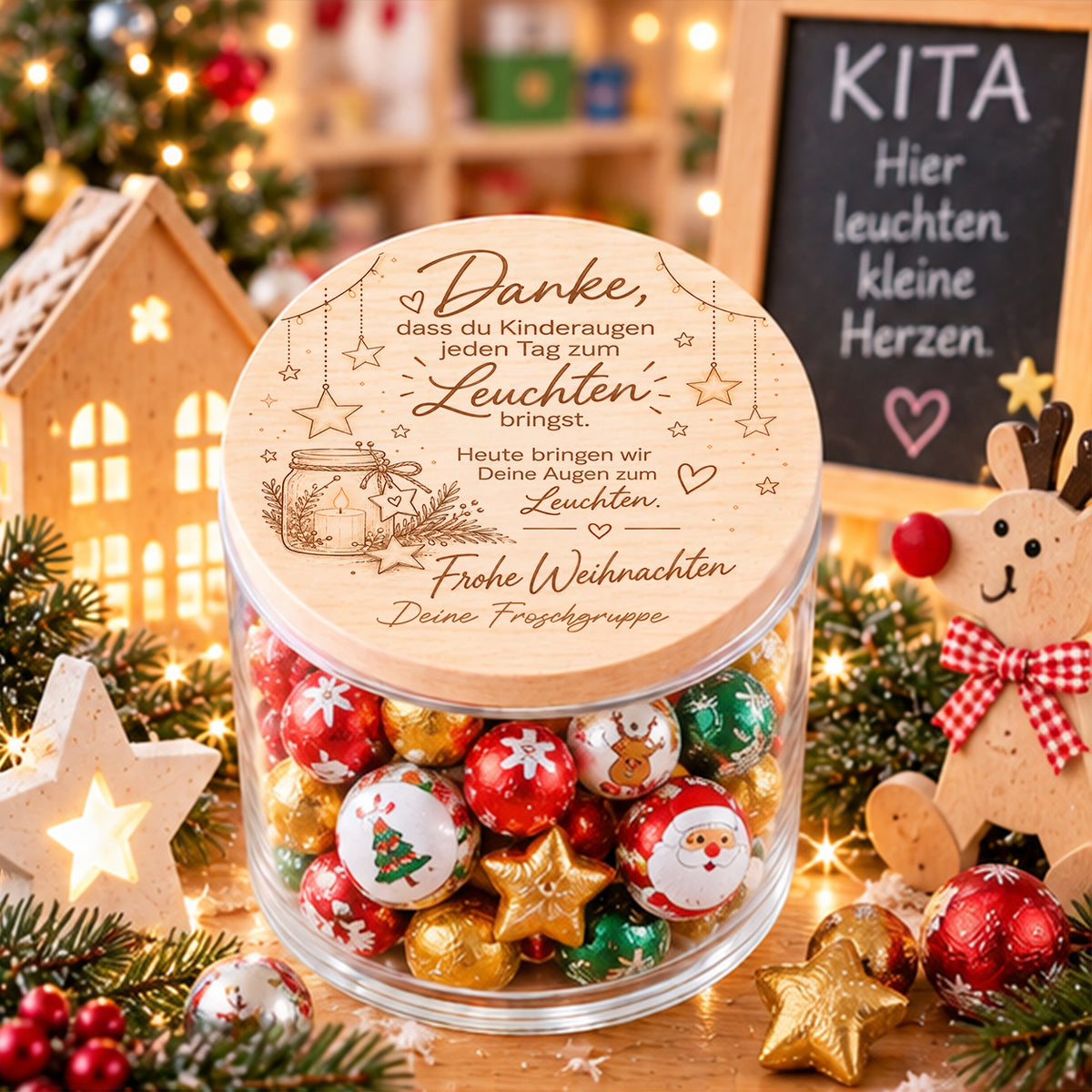 Personalisiertes Dankeschön für Erzieherin zu Weihnachten – Vorratsglas mit Spruch Kinderaugen zum Leuchten