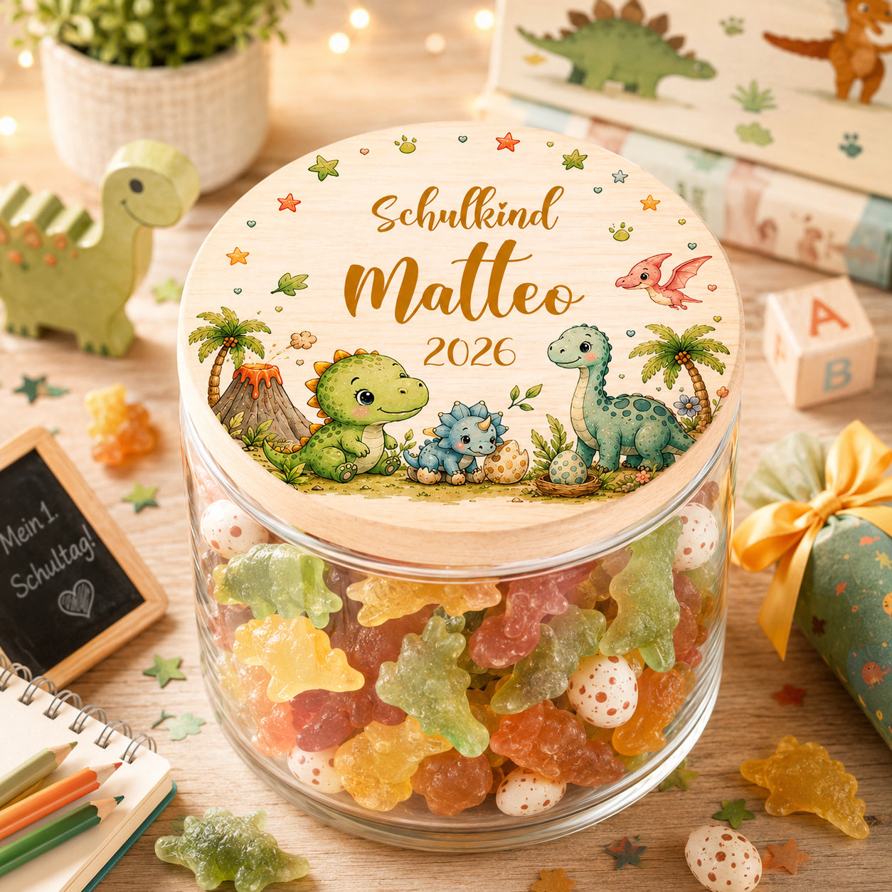 Personalisiertes Dino Vorratsglas zur Einschulung mit süßen Dinosauriern, Vulkan, Dino-Eiern und Wunschname auf Holzdeckel. Geschenk für Jungen zum Schulanfang.