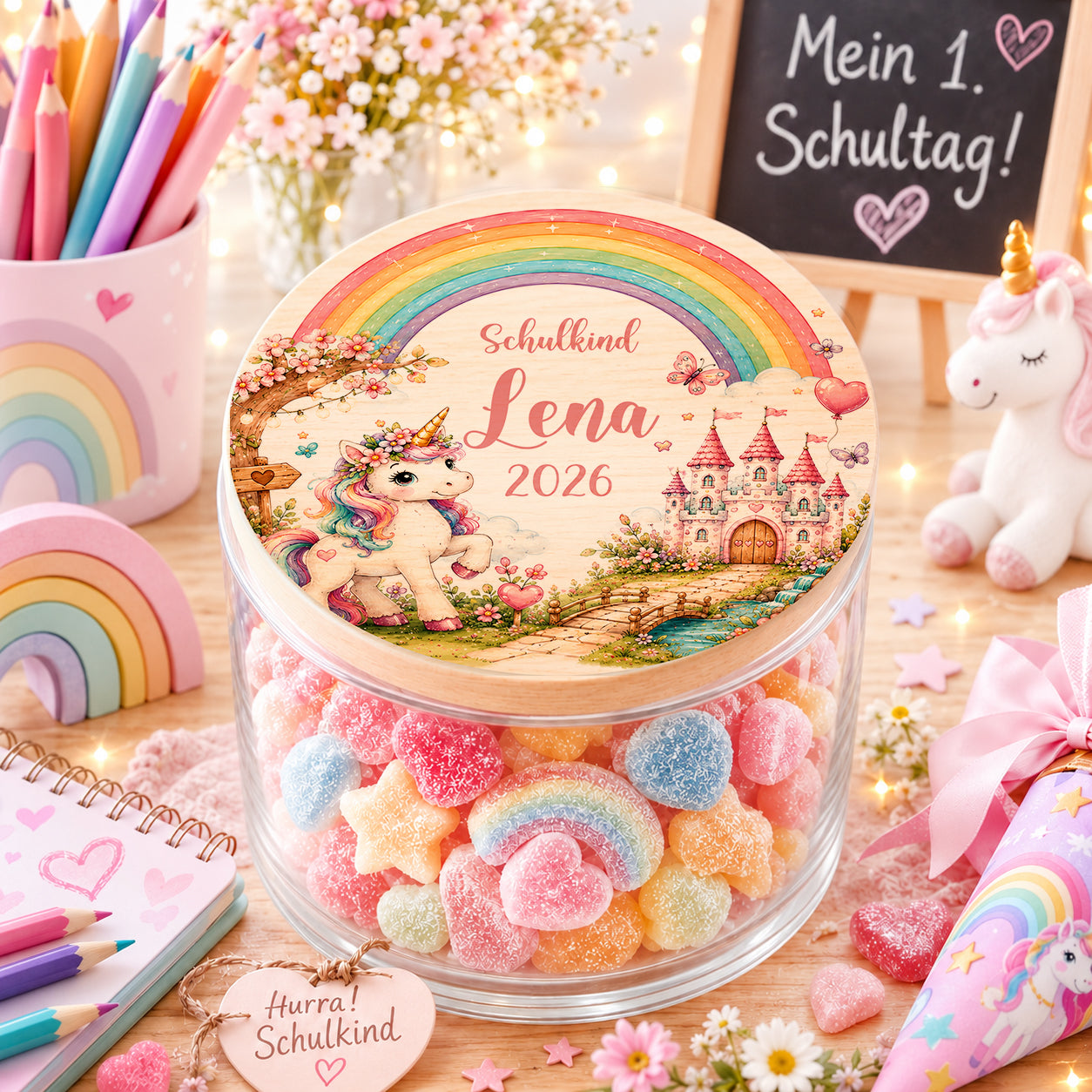 Personalisiertes Einhorn Vorratsglas zur Einschulung mit Regenbogen, Märchenschloss und Wunschname auf Holzdeckel. Geschenk für Mädchen zum Schulanfang.