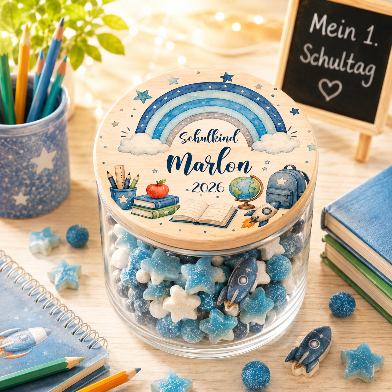 Liebevoll personalisiertes Vorratsglas zur Einschulung mit süßem Reh-Motiv und Wunschname. Das perfekte Geschenk für Schulkinder zum Schulanfang. Erhältlich in 4 Größen.