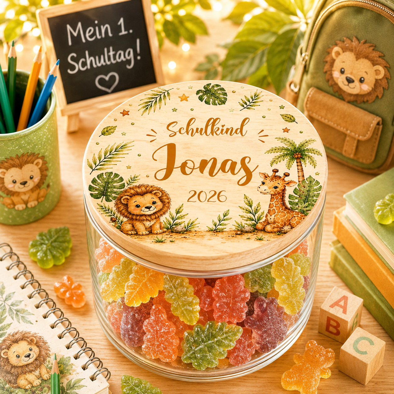 Personalisiertes Vorratsglas zur Einschulung mit niedlichem Löwen, Giraffe und Wunschname auf hochwertigem Holzdeckel. Safari Geschenk für Jungen zum Schulanfang.
