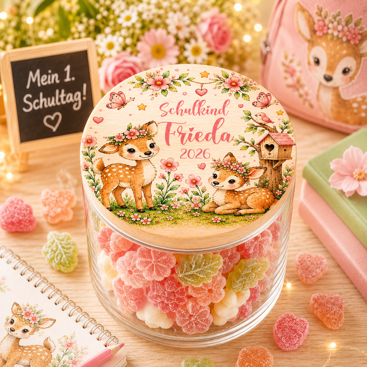 Personalisiertes Vorratsglas zur Einschulung mit niedlichen Rehkitzen, Blumen und Wunschname auf hochwertigem Holzdeckel. Geschenk für Mädchen zum Schulanfang.