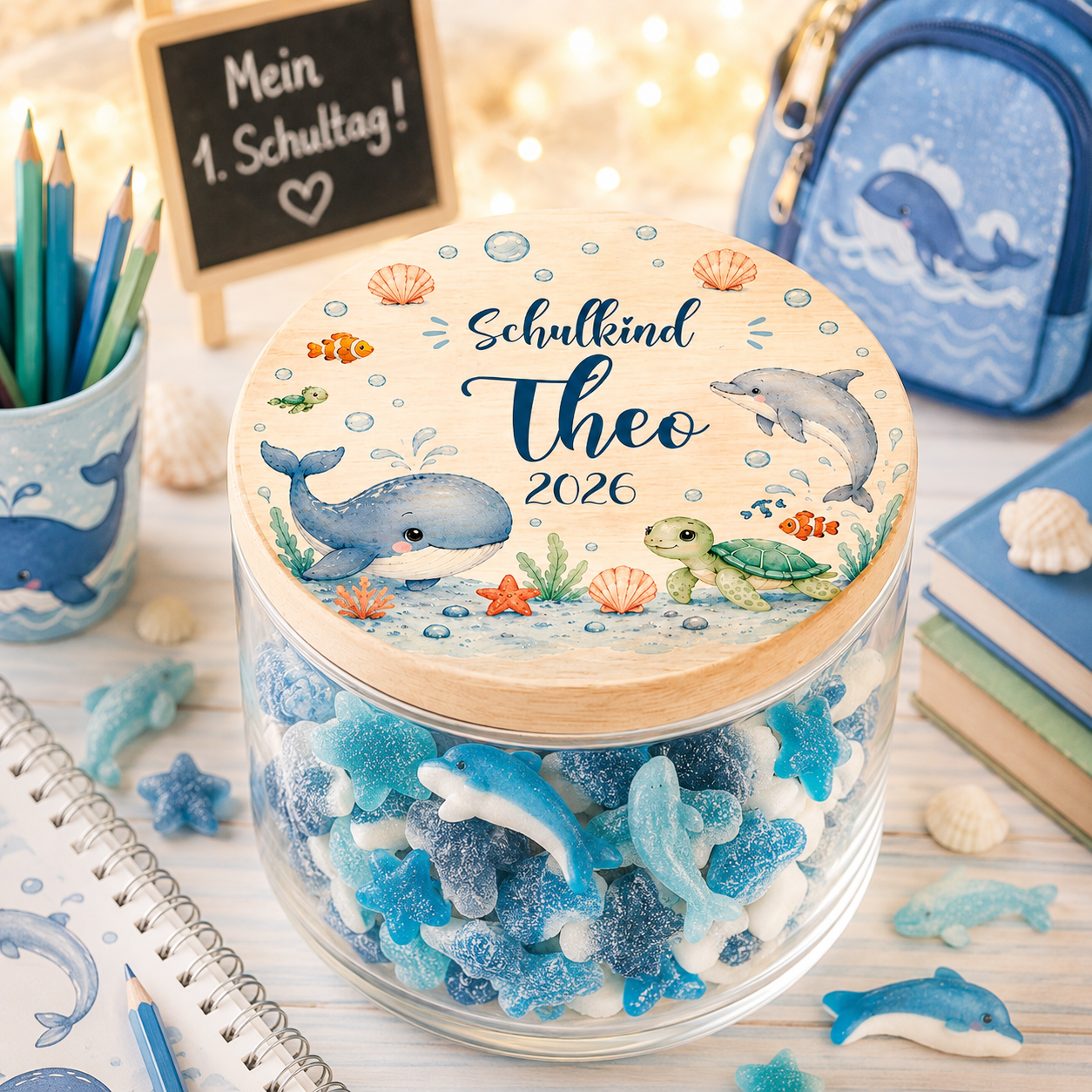 Personalisiertes Vorratsglas zur Einschulung mit Wal, Delfin, Schildkröte und Wunschname auf hochwertigem Holzdeckel. Geschenk für Schulkind zum Schulanfang.