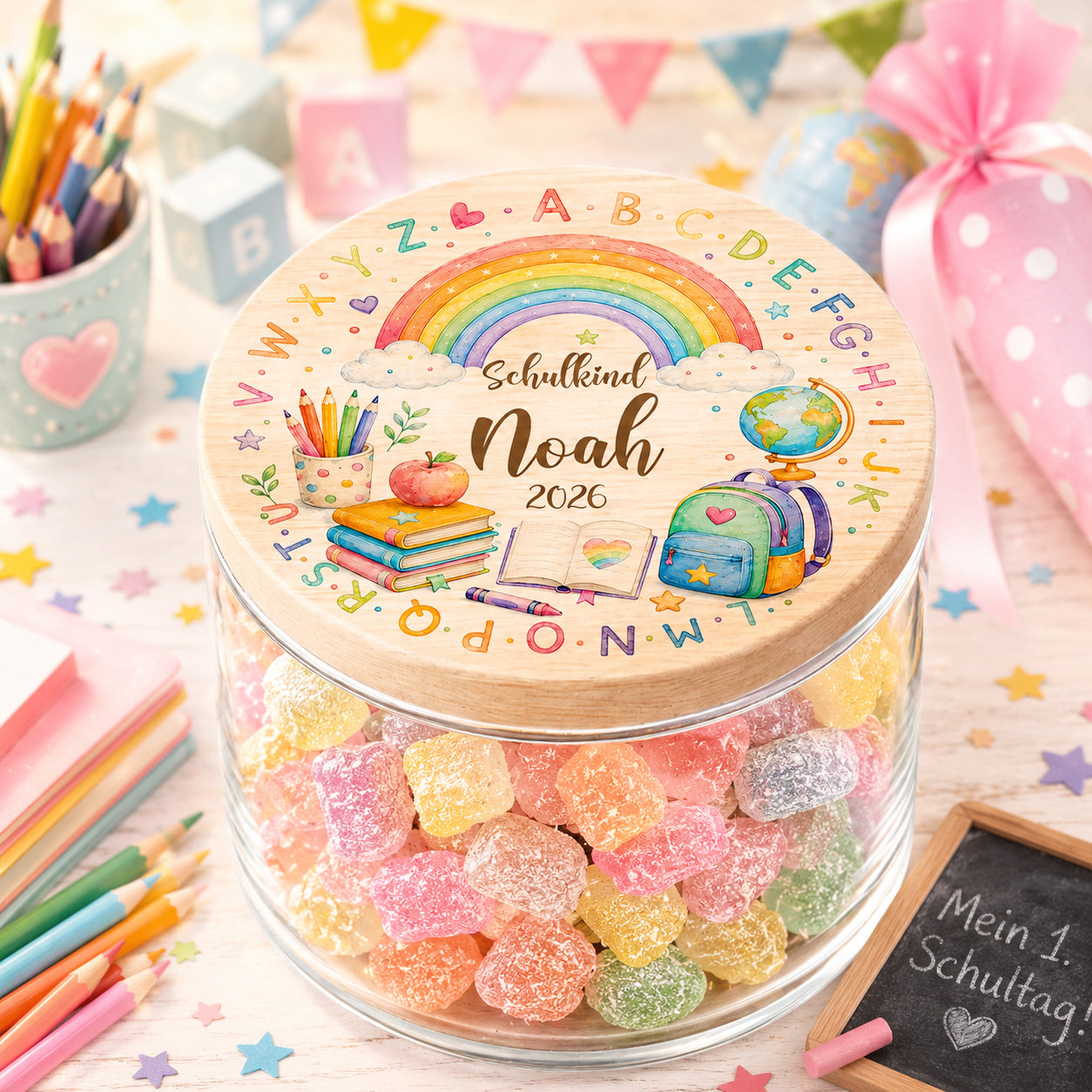 Personalisiertes Vorratsglas zur Einschulung mit Regenbogen, Alphabet, Schulrucksack und Wunschname auf Holzdeckel. Geschenk für Schulkind zum Schulanfang.